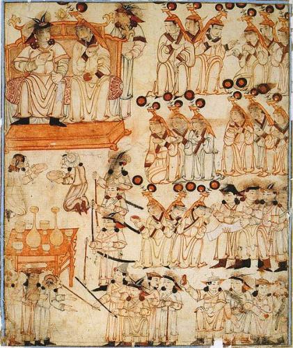 Mongol udvari jelenet a Compendium of Chronicles: Rashid al-Din Világtörténetéből (kora 14. század).