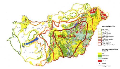 Aszálynak kitett és belvízzel veszélyeztetett területek Magyarországon Pálfai (2004) alapján